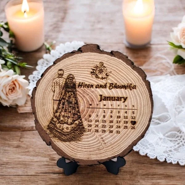 Itsmyway Gift Personalized Customized Natural Ruf Wood Calendar Deign With Photo for Table Top Couple Gift Wedding Marriage Valentine Day (7 Inch)