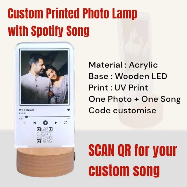 Itsmyway Gift Desktop Led Night Lamp With Customise Photo and Spotify Code, Made with Acrylic, Wooden Base Warm Light