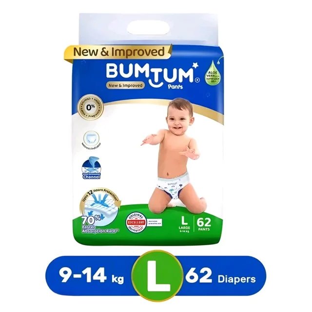 Baby Diaper Pants with Double Leakage Protection - 9 to 14 Kg (62 Count, Large, Pack of 1)
