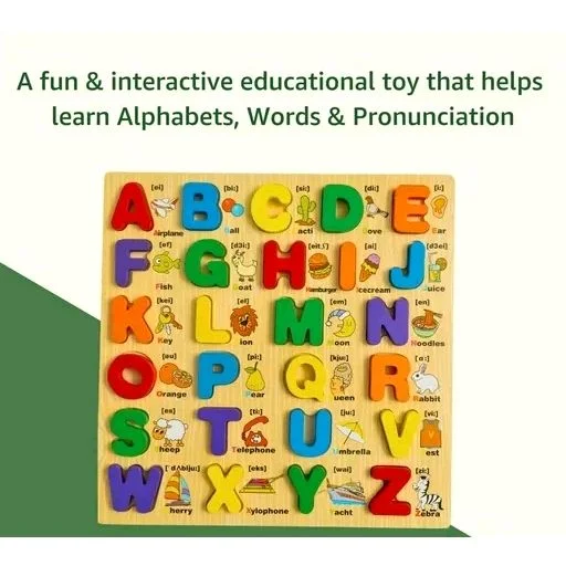 3D Wooden Capital Alphabet Puzzles with Pictures for Children, Montessori Educational Learning Letters Puzzle Board Toy