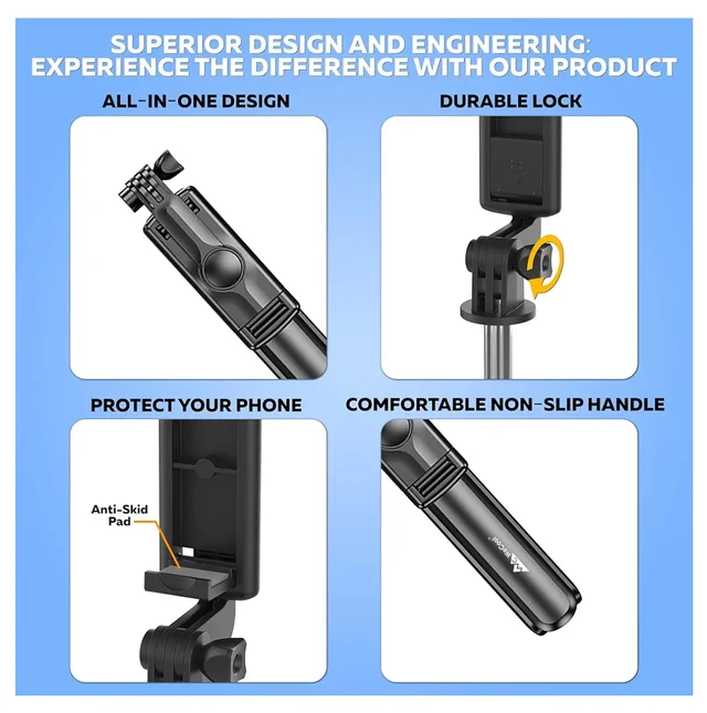 WeCool S1 Selfie Stick with Tripod Stand,Bluetooth Extendable Tripod for Mobile Phone,3-in-1Multifunctional Selfie Stick for iPhone/Mi/OnePlus/Samsung/Oppo/Vivo and All Phones - Black