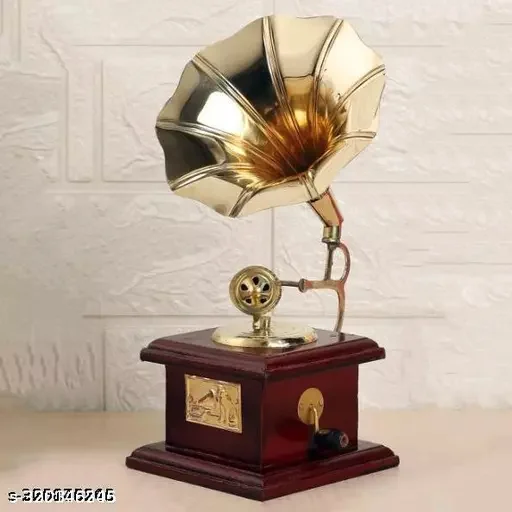 KAPER Brass Gramophone Showpiece for Home Decor Antique Wooden Vintage Brass Showpiece Items for Living Room, Kitchen, Gifts