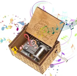 EITHEO Wooden Antique Carved Hand Crank Multicolor Happy Birthday Theme Music Box