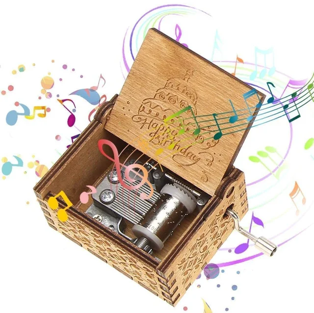 EITHEO Wooden Antique Carved Hand Crank Multicolor Happy Birthday Theme Music Box