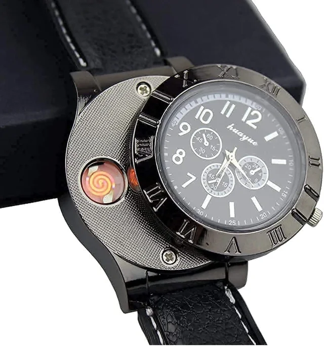 Luvy USB Cigarette Lighter Watch Rechargeable flameless Windproof Unique Designer Wristwatch .2 in 1 Watch Lighter for Cigarette Stylish (Black)59%off