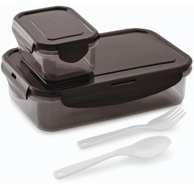 Sarthak Uphaar Lock & Fit Small (800ml+125ml) with Folk & Spoon 2 Containers Lunch Box (925 ml) (Lunch Box Black)