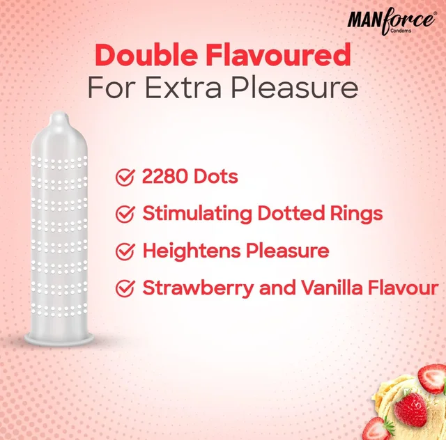 Manforce Cocktail Strawberry & Vanilla Flavoured Condoms for Men with Dotted Rings| Double the Fun with Double Flavour| Extra Dotted for Her Extra Stimulation| India’s No. 1* Condom Brand| Lubricated Latex Condoms| 10 pcs