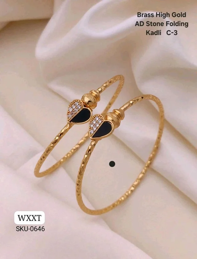 Kanaf ✨ KANAF Brass High Gold AD Stone Folding Kadli | Elegant Black Heart Design | Daily Wear Bangle Set | Model – C-3