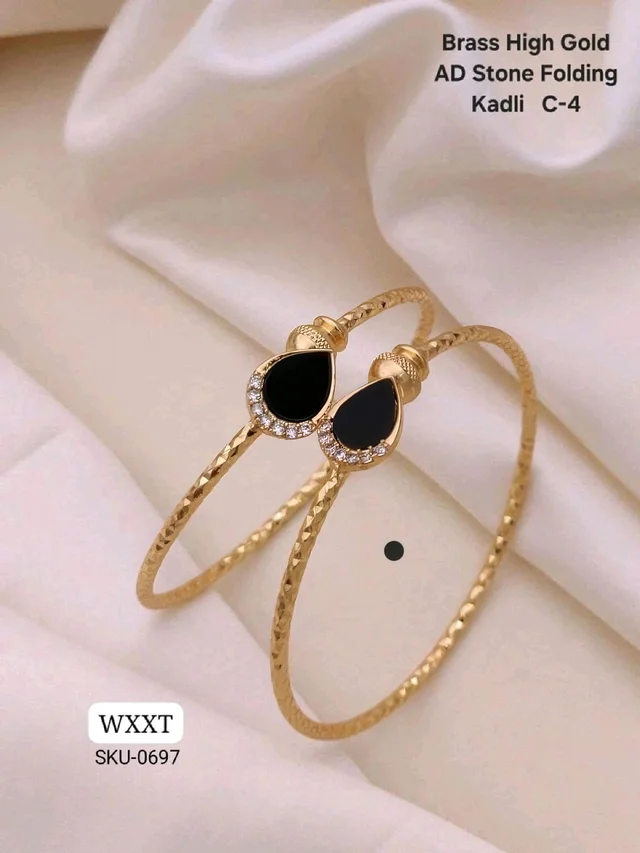 Kanaf ✨ KANAF Brass High Gold AD Stone Folding Kadli | Elegant Black Teardrop Design | Daily Wear Traditional Bangle | Model – C-4