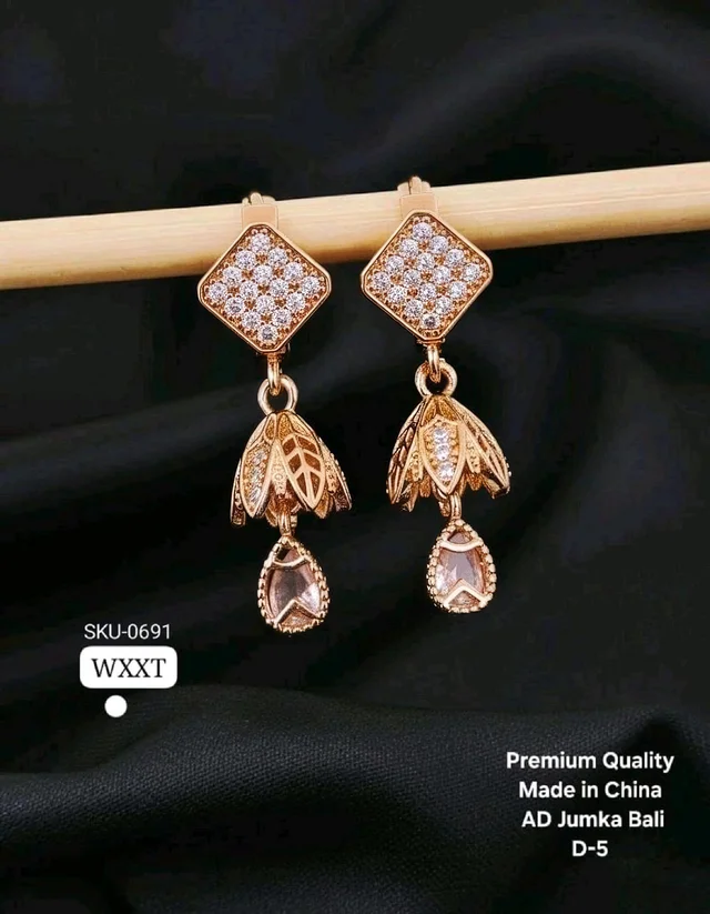 Kanaf ✨ KANAF Premium Quality AD Jumka Bali Earrings | Rose Gold Square Top Designer Earrings | Imported Shine Finish | Made in China (D-5)