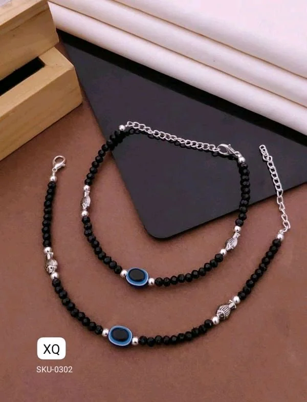 Kanaf ⚫ KANAF Fancy Black Beaded Evil Eye Anklet for Women & Girls | Stainless Steel Chain | Adjustable Pair | Daily Wear