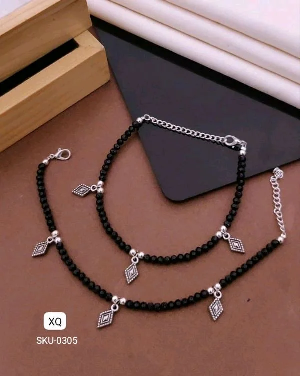 Kanaf 🖤 KANAF Fancy Black Bead Anklet for Women & Girls | Daily Wear Stainless Steel Payal | Oxidised Silver Charm Design