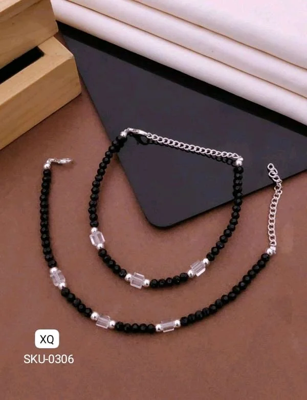 Kanaf ⚫ KANAF Fancy Black & Silver Beaded Anklet for Women & Girls | Stainless Steel Chain | Adjustable Pair | Daily Wear