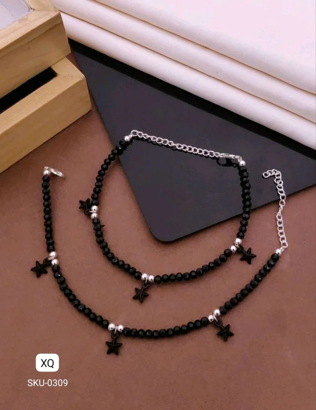 Kanaf ⭐ KANAF Fancy Star Charm Black Beaded Anklet for Women & Girls | Stainless Steel Chain | Daily Wear | Adjustable Pair