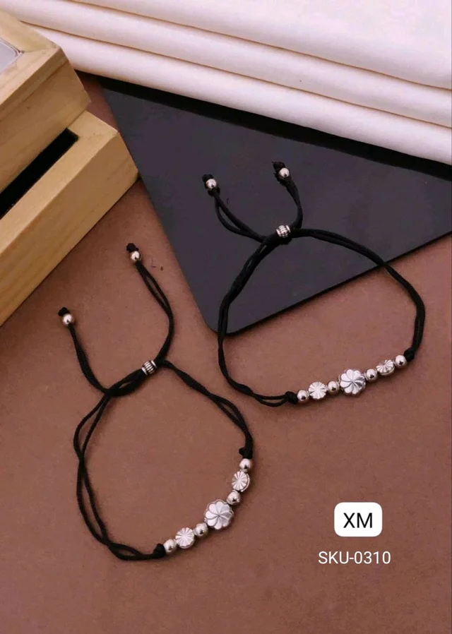 Kanaf 🌸 KANAF Floral Beaded Fancy Anklet for Women & Girls | Stainless Steel | Adjustable Black Thread | Daily Wear Pair