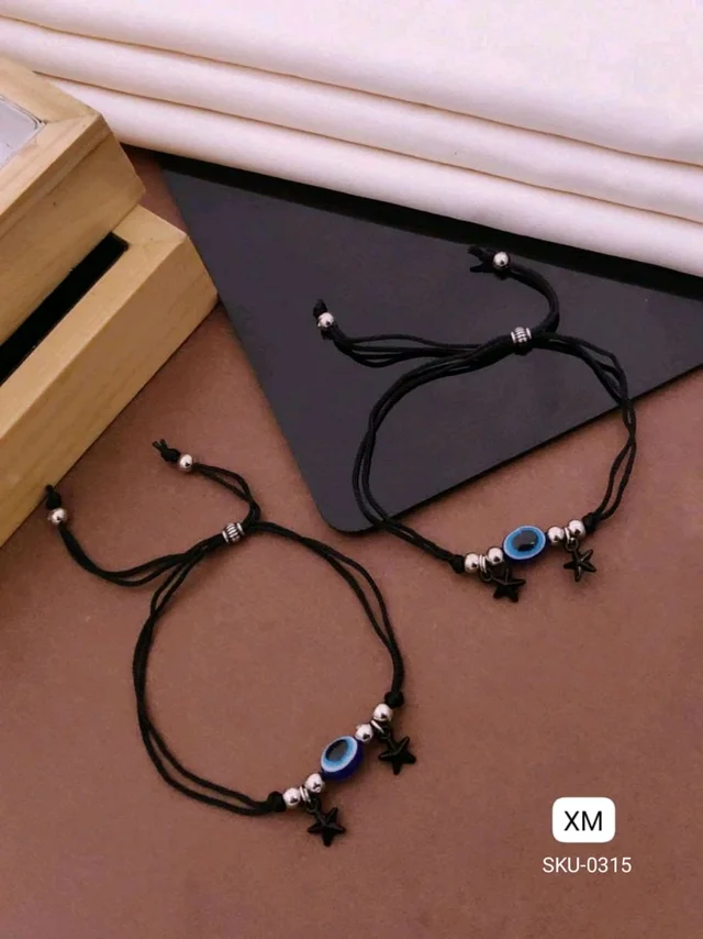 Kanaf 🧿✨ KANAF Fancy Evil Eye Star Anklet for Women & Girls | Adjustable Black Thread | Stainless Steel Beads | Daily Wear Charm Pair