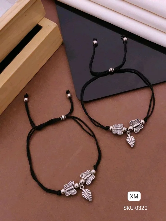 Kanaf 🌸 KANAF Fancy Stainless Steel Anklet for Women & Girls | Butterfly Leaf Charm Design | Black Thread Adjustable Daily Wear Pair