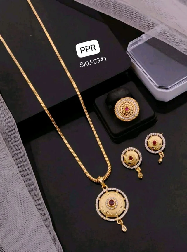Kanaf 💫 KANAF CZ AD 1 Gram Forming Pendant Tops Set with Adjustable Ring | Direct Gold Plating | Classic Round Ruby Design | Daily Wear