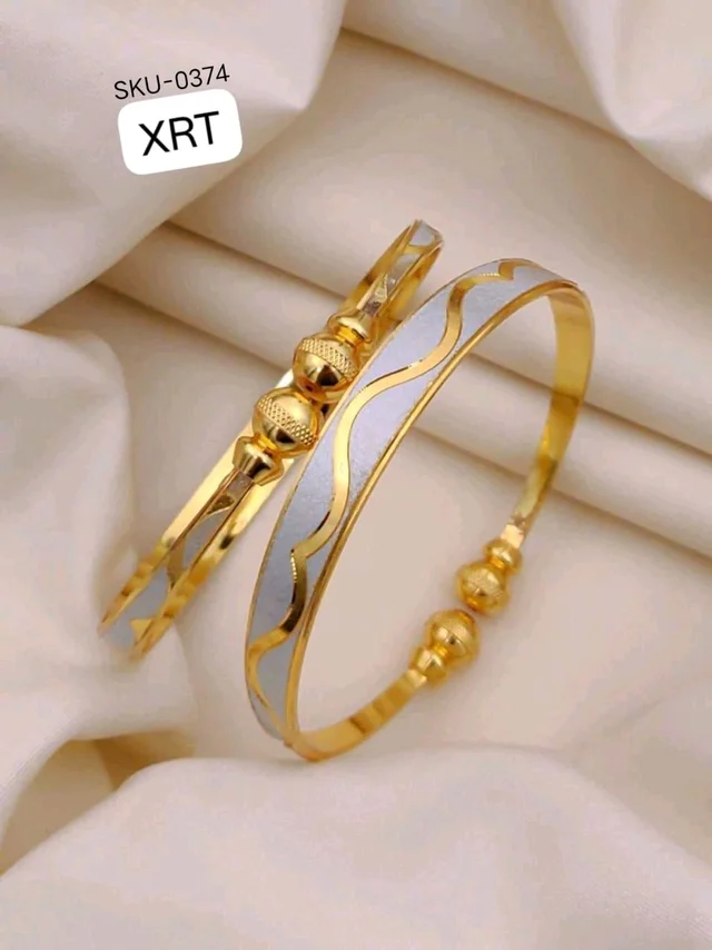 Kanaf 💛 KANAF Fancy Silver CNC Kada Folding Kadli (2 Pc Set) | Brass Direct Gold Plated | Daily Wear Free Size Adjustable Kada for Women