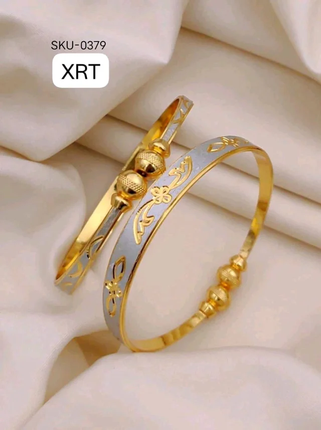 Kanaf ๐ KANAF Fancy Silver CNC Kada Folding Kadli (2 Pc Set) | Brass Direct Gold Plated | Daily Wear Free Size Adjustable Kada for Women & Girls