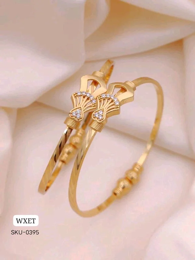 💛 KANAF CZ AD Fancy Folding Kadli (2 Pc Set) | Brass Micro Gold Plated Adjustable Kada | Daily Wear Free Size Gold Bangle for Women & Girls