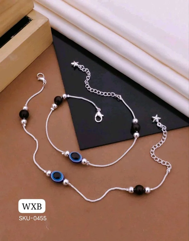 Kanaf 💫 KANAF Silver Fancy Payal for Women & Girls | Blue & Black Beaded Anklet | Elegant Silver Finish | Stylish Daily & Party Wear