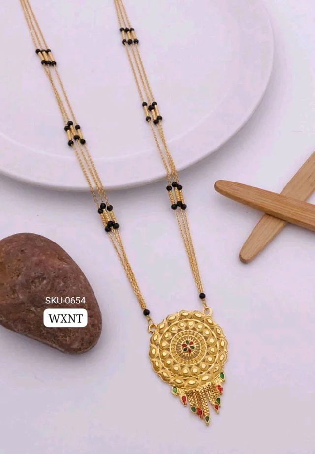 Kanaf π« KANAF Fancy CNC Pip Satari Mangalpot | 3-Line 36β | Brass Micro Gold Plating | Traditional Long Necklace with Fancy Round Pendant