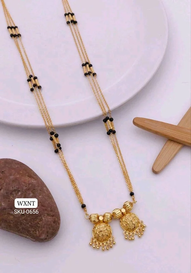Kanaf π« KANAF Fancy CNC Pip Satari Mangalpot | 3-Line 36β | Brass Micro Gold Plating | Traditional Daily Wear Long Necklace with Double Fancy Vati Pendant