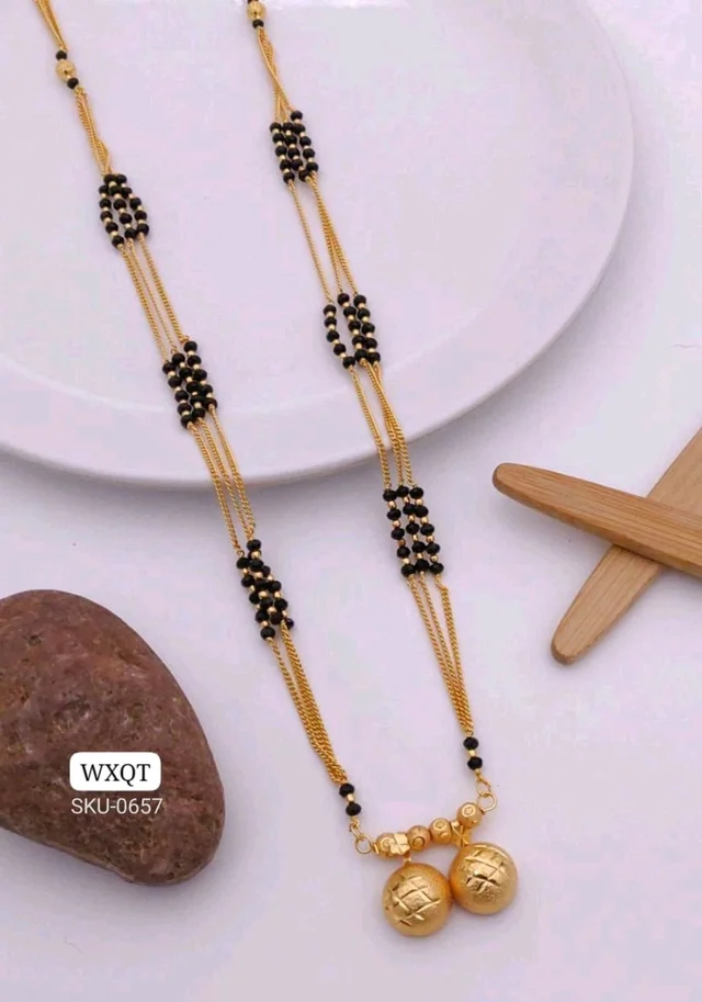 Kanaf 💫 KANAF Fancy 5×5 Crystal Mangalpot | 3-Line 36” | Brass Micro Gold Plating | Traditional Long Necklace with Double Fancy Vati Pendant