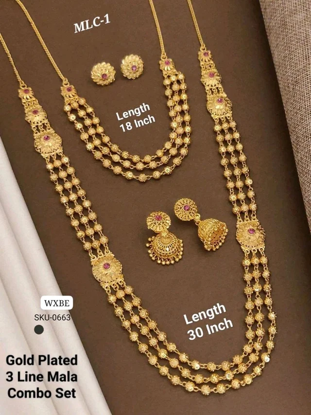 β¨ KANAF Gold Plated 3 Line Mala Combo Set | Traditional Long & Short Necklace with Earrings | 18" + 30" Bridal Combo Jewellery Set