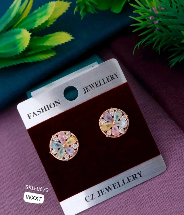 Kanaf 🌸 KANAF CZ Gold AD Stud Earrings | Multi-Color Stone Round Design | Daily & Party Wear Jewellery for Women and Girl