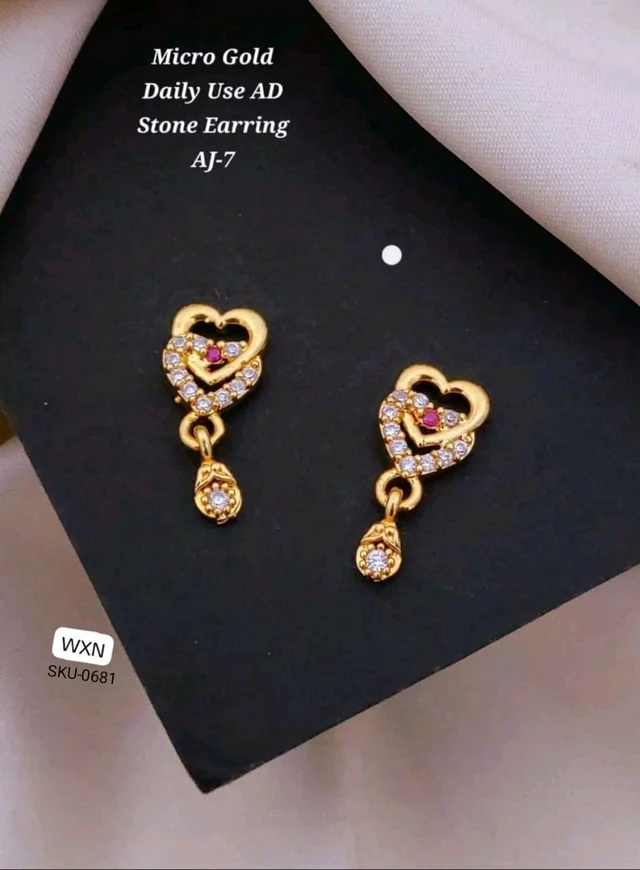 Kanaf 💖 KANAF Micro Gold Daily Use AD Stone Earrings | Heart Design with Hanging Drop | Elegant Daily & Party Wear (AJ-7)