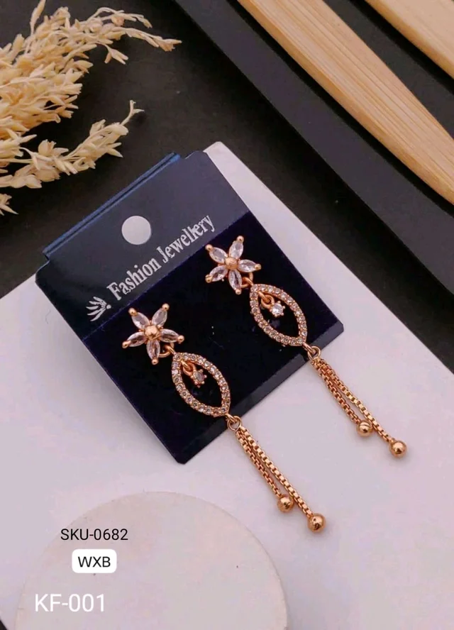 Kanaf ✨ KANAF Elegant Rose Gold Long Drop Earrings | Flower Design with Chain Tassels | Party & Daily Wear Jewellery (KF-001)