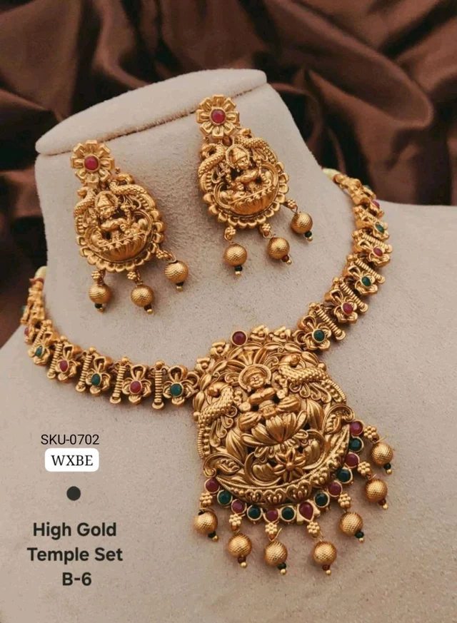 💫 KANAF High Gold Temple Necklace Set | Traditional Lakshmi Design with Earrings | Antique Matte Finish | Model – B-6