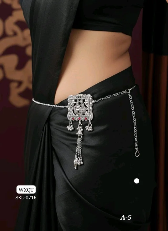 🖤 KANAF Silver Oxidized Waist Belt | Antique Temple Design Kandora | Traditional Saree Accessory | Model – A-5