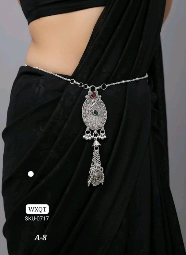 ⚜️ KANAF Silver Oxidized Waist Belt | Antique Temple Design Kandora with Multi-Stone Detailing | Model – A-8