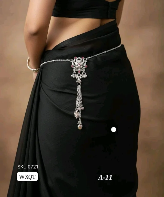 🩶 KANAF Silver Oxidized Waist Belt | Elegant Floral Design Kandora with Hanging Charms | Traditional Saree Accessory | Model – A-11