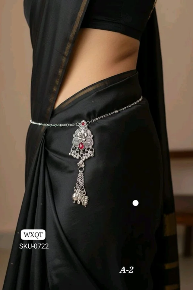 🩶 KANAF Silver Oxidized Waist Belt | Red Stone Antique Kandora with Hanging Charms | Traditional Saree Accessory | Model – A-2
