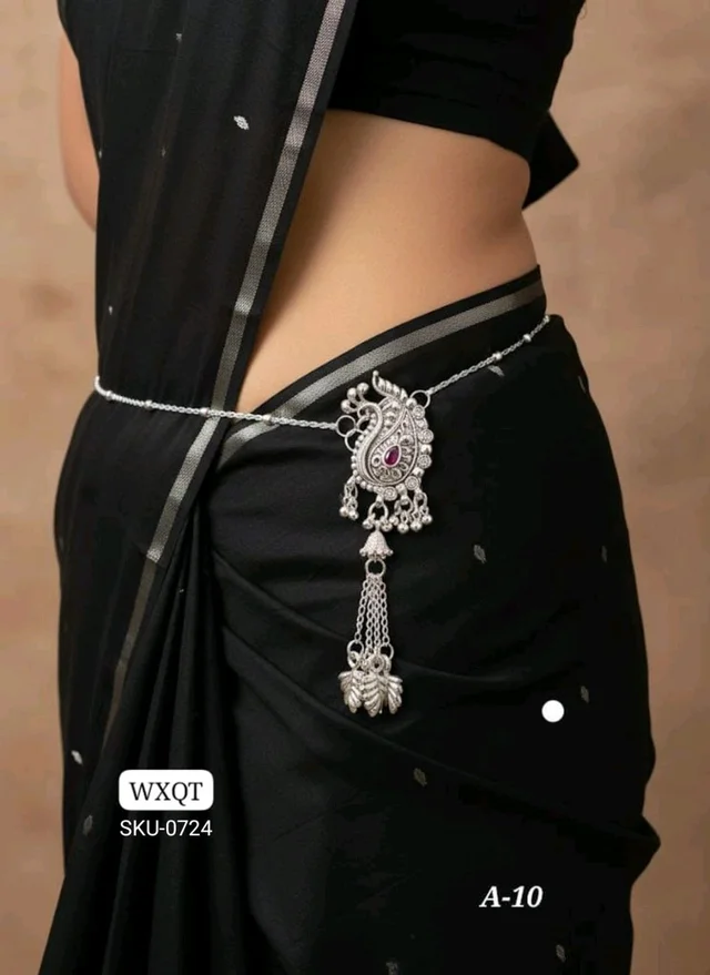 🩶 KANAF Silver Oxidized Waist Belt | Designer Paisley Style Kandora with Red Stone & Hanging Tassels | Model – A-10