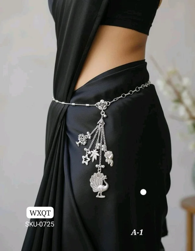 🩶 KANAF Silver Oxidized Waist Belt | Peacock & Charm Design Antique Kandora | Model – A-1