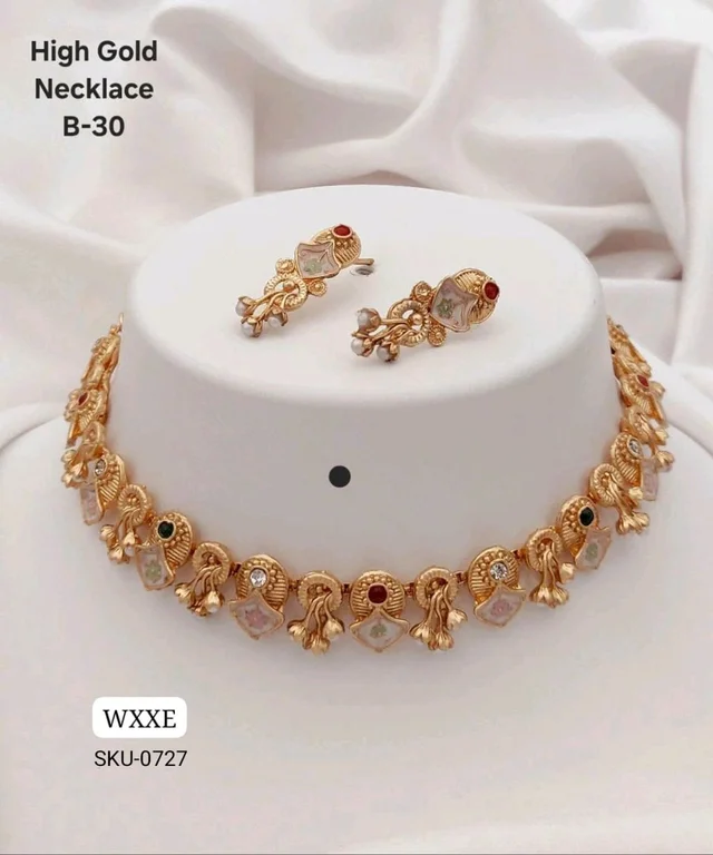 ✨ KANAF High Gold Plated Necklace Set | Enamel Work Temple Design Choker Set | Model – B-30