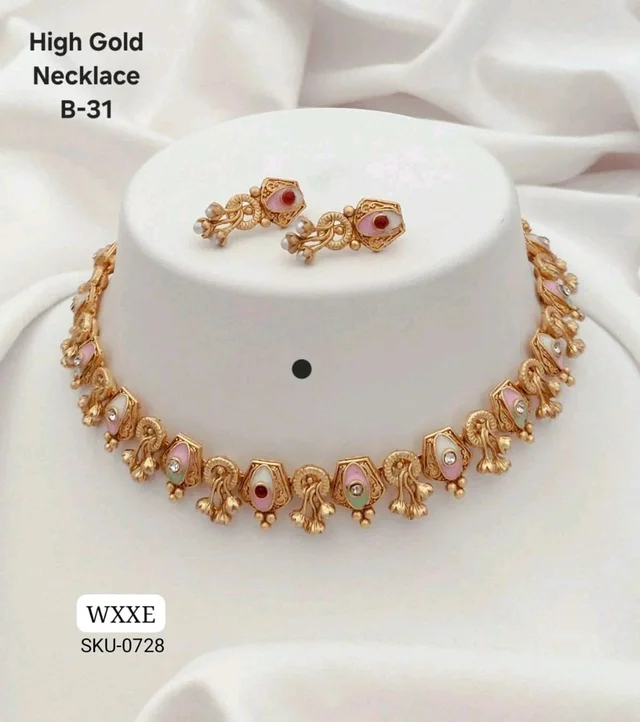 💛 KANAF High Gold Plated Necklace Set | Elegant Meenakari Design with Stone Embellishments | Model – B-31