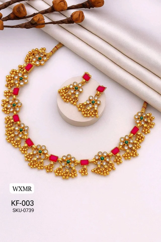 💖 KANAF Gold Plated Ruby Green Stone Blossom Necklace Set | Premium Quality Imitation Jewellery | Model KF-003