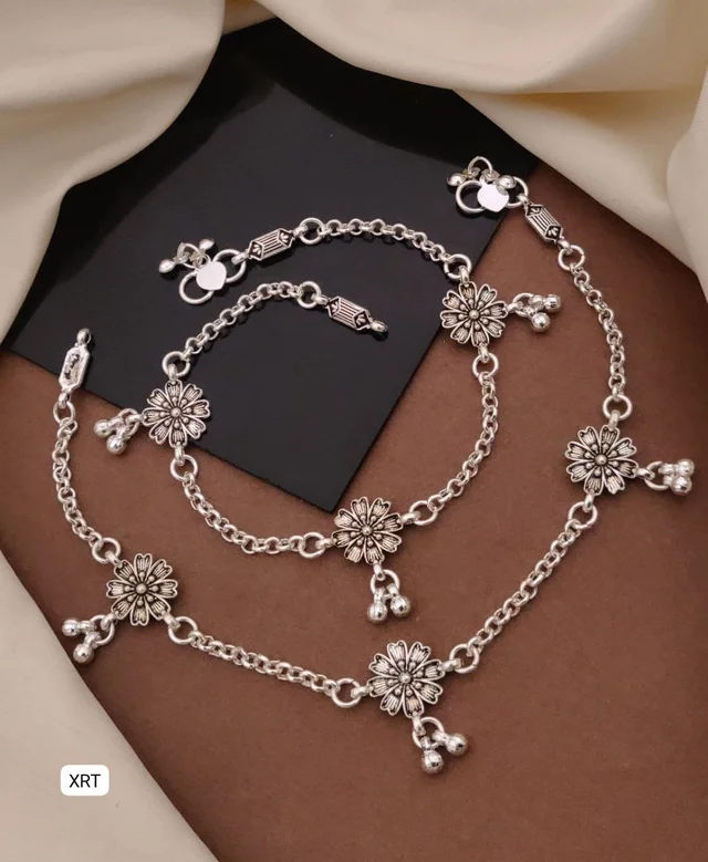 Premium Oxidised Floral Anklet Pair