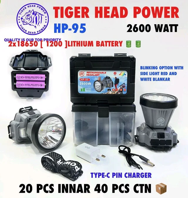 New Tiger Head Power HP-95 Head Torch 2600Watt + Blinking Option With Side Light Red & White Blinker Type-c Charging Pin (PREMIUM QUALITY)