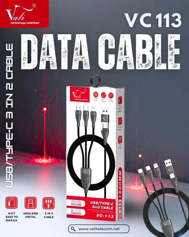 Vali VC113 3In2 USB & TYPE-C Cable 5.1A 1.5 Mtr Length