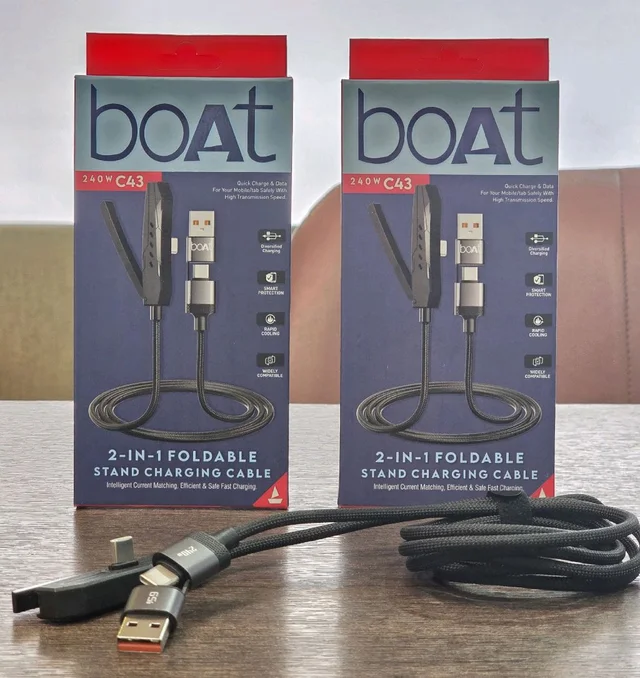 New Boat C43 240Watt 2in1 Foldable Stand Cable (USB + Type-C to Type-C)