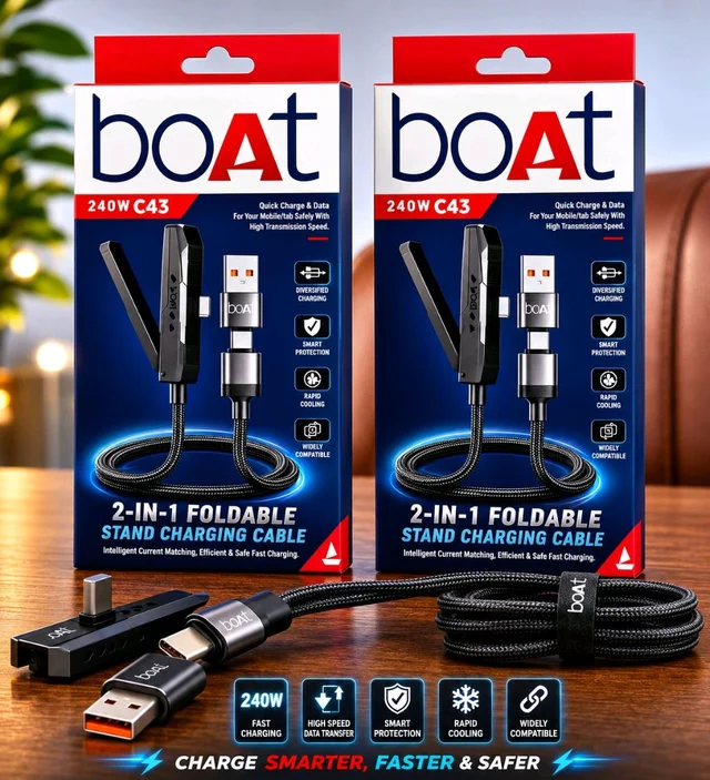 New Boat C43 240Watt 2in1 Foldable Stand Cable (USB + Type-C to Type-C)