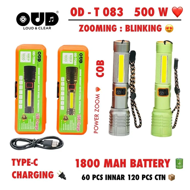 Oud New OD-T-83 500W Zooming + Blinking Cob Light 1800mAh Battery