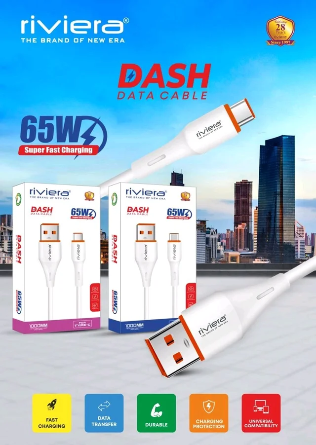Riviera 65Watt Dash Cable Fast Charging Lifetime Warranty - Iphone
